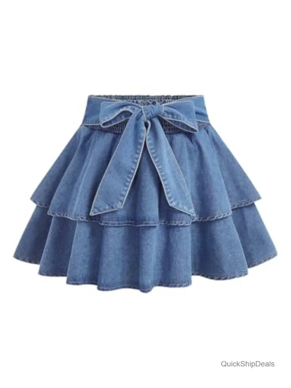 Plus Size Denim Mini Skirt with Bow Knot and Ruffle Hem - High Rise A-Line